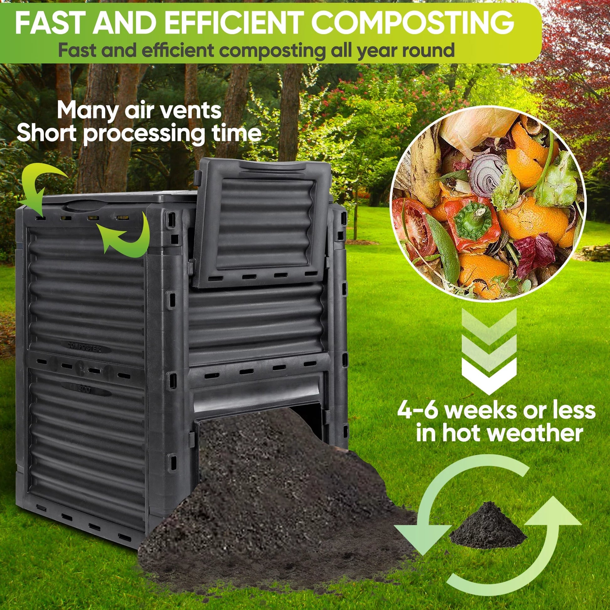 Composter Bin 80Gal (300L) Large Composting Tumbler Outdoor, Bpa-Free, Black