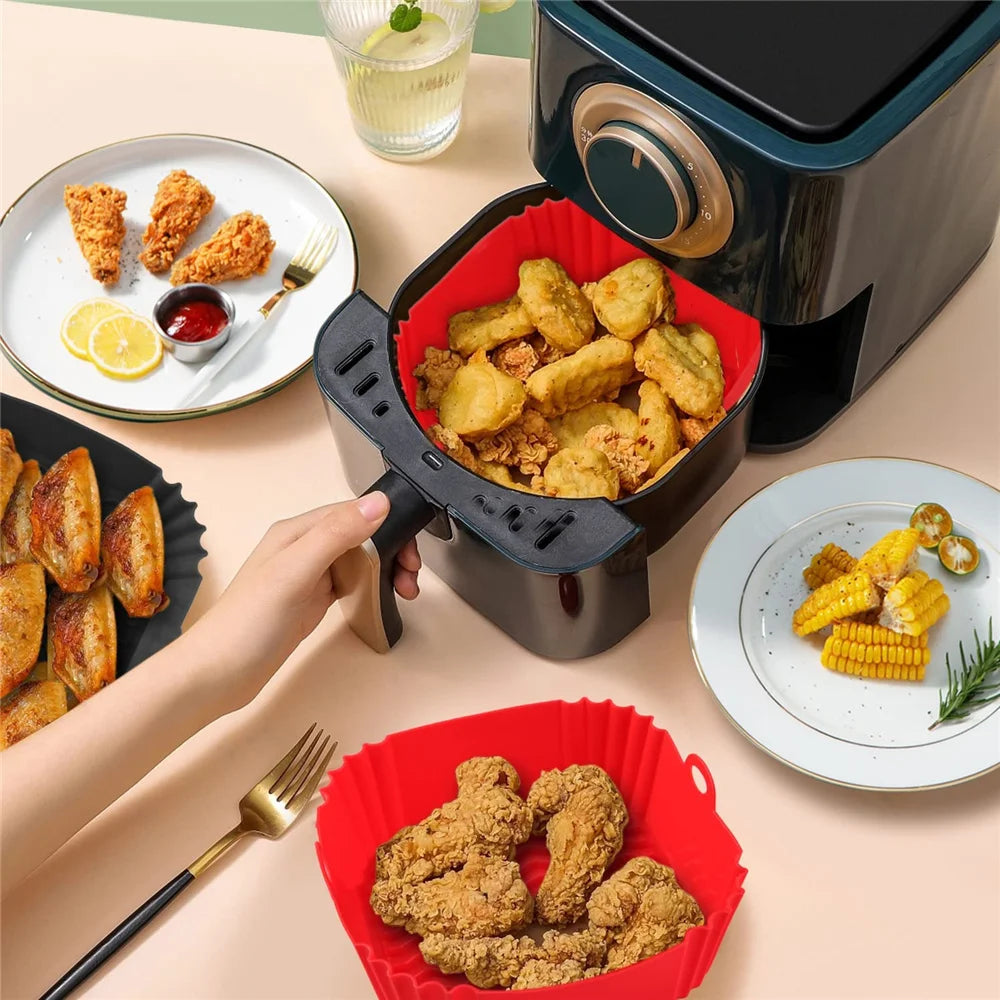 22Cm Silicone Air Fryers Oven Baking Tray Pizza Fried Chicken Airfryer Silicone Basket Reusable Airfryer Pan Liner Accessories